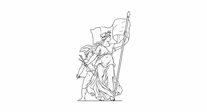 A drawing of a woman and boy holding a large flag and spear
