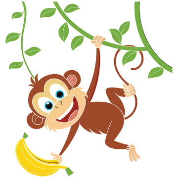 Cute cartoon monkey hanging from a vine and holding a yellow banana