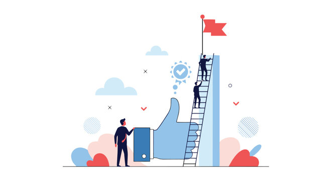 Team of business people climb ladders to reach red flag on top of giant blue thumbs up icon, representing quest for social media approval.