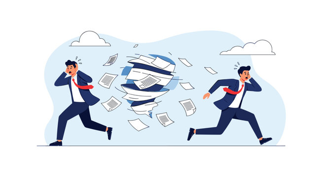 Scared businessmen run in opposite directions to escape violent paper tornado, representing information overload and chaotic office work.
