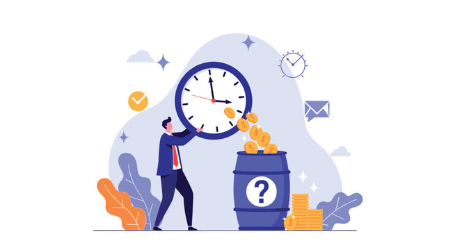 Businessman pouring gold coins from a large clock into a barrel marked with a question mark, illustrating the value of time and uncertain investments.