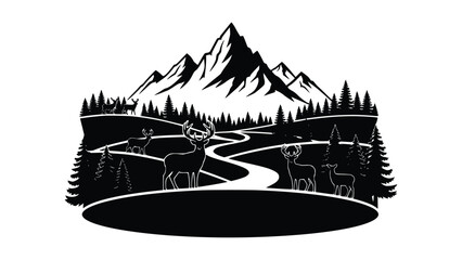 Naklejka premium Black and white illustration of deer standing on winding road in forest with mountains