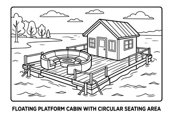 Naklejka premium Floating platform cabin with circular seating area.