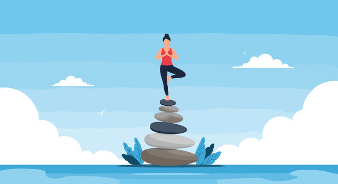 Young woman finds inner peace by practicing yoga tree pose atop a stack of balanced zen stones against a serene blue ocean backdrop.