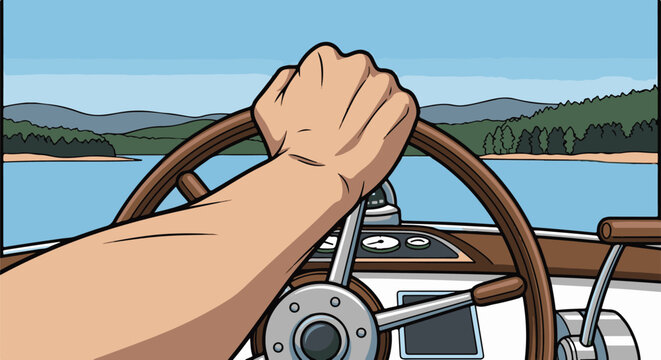 Person steering a boat on a lake, view from behind the wheel