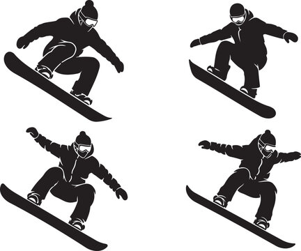A dynamic black silhouette of a snowboarder mid air showcasing an exciting winter sport action silhouette high quality professional. Snowboarde air showcasing an exciting winter sport action vector.