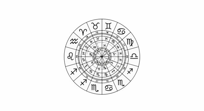 Intricate circular chart displays zodiac symbols and astrological divisions
