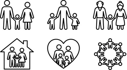 Fototapeta premium Black and white line art family member icons holding hands with house and heart shapes