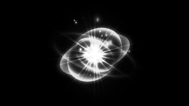 Abstract glowing atom particle orbiting in space atomic energy science concept black background dynamic electron rotation v f x animation