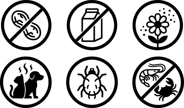 Black and white allergen icons with peanut milk pet mite and seafood restrictions