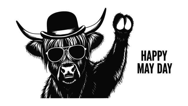 Highlander cow wearing sunglasses and hat celebrates May Day with a raised paw