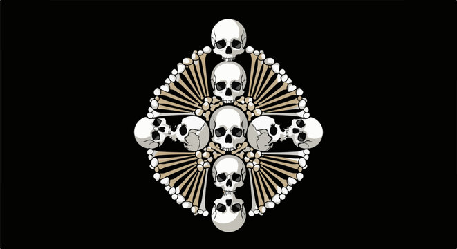 A symmetrical, dark composition features multiple skulls and bones