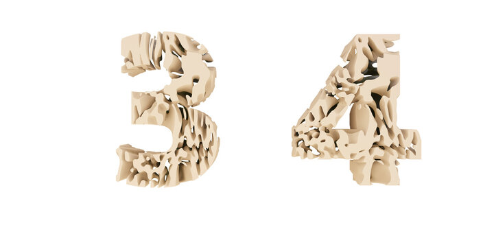 Numbers Three and Four with Abstract Layered Paper Cut Texture Isolated on Transparent Background. 3D rendering.