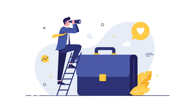 Ambitious businessman standing on a ladder and using a telescope to look out from behind a large briefcase towards a heart in a bubble.