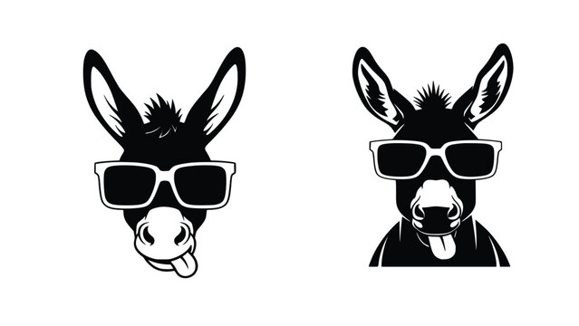 Two donkeys wearing sunglasses with tongues out