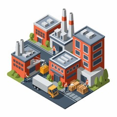 Obraz premium Industrial factory complex with trucks and workers illustration.
