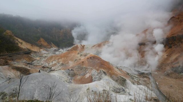 Jigokudani Valley, Hell Valley, Noboribetsu, Hokkaido, Japan landscape with steam vents