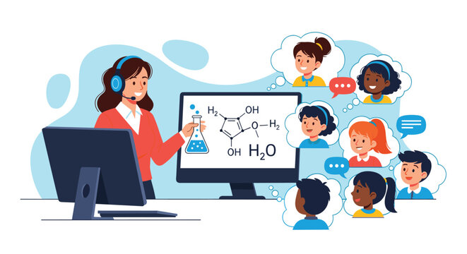 Female teacher wearing a headset and holding a chemical flask while teaching students online, representing digital education and remote learning.