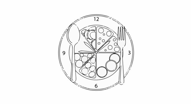 A plate with clock numbers, spoon, fork and food sections