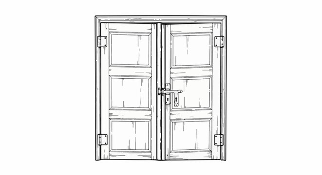 Detailed sketch of a classic wooden double door with metal hinges and handle