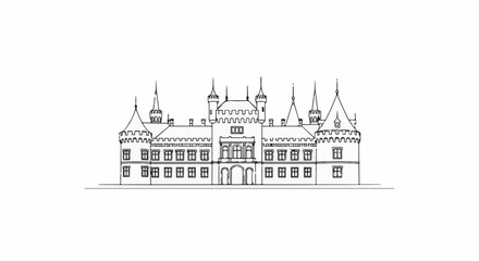 Obraz premium Detailed sketch of a grand, multi-towered castle facade with arched entrances