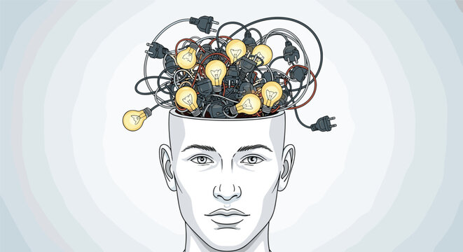 Human head filled with a complex tangle of electrical wires and glowing lightbulbs representing a brainstorm of creative ideas and innovation.