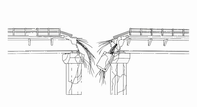 Line art illustration of a collapsed bridge with broken pillars and debris