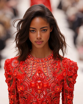 Fashion Model in Red Couture Dress, Luxury Editorial Portrait