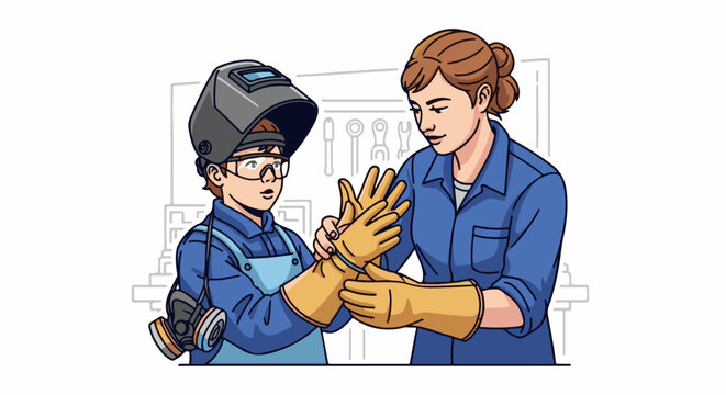 Mentor guides apprentice in welding gear in workshop