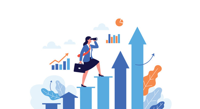 Confident businesswoman uses binoculars to scout future opportunities while standing on an ascending bar graph showing growth.