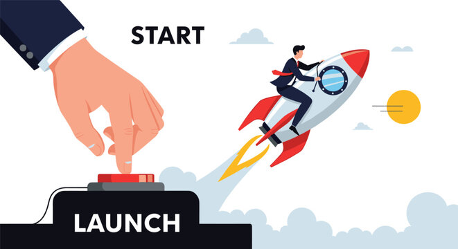 Enormous finger presses a red launch button as a businessman rides a rocket toward the sky for a successful startup business launch and growth.