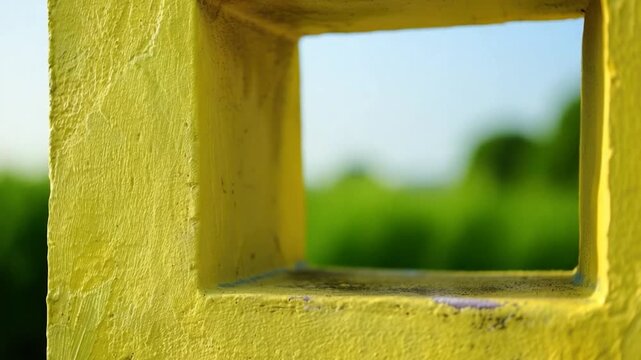 A close-up view of a bright yellow window frame with clean glass and ornate details