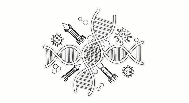 Stylized DNA strands entangled with viruses and bacteriophages