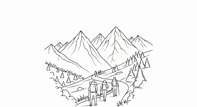 Three backpackers hike a winding mountain trail amidst pine trees and peaks