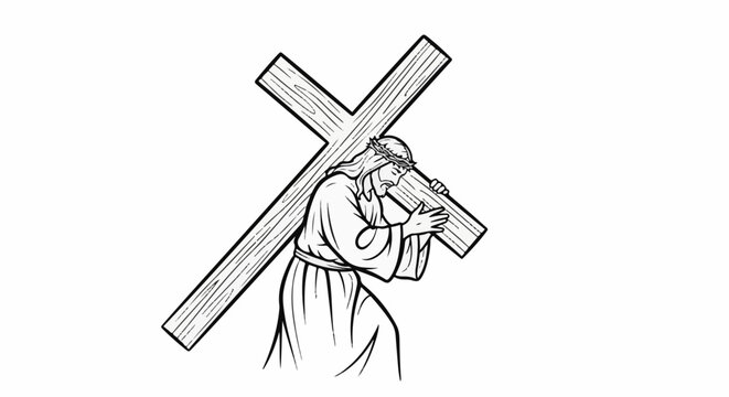 Figure bearing heavy wooden cross, bowed with exertion