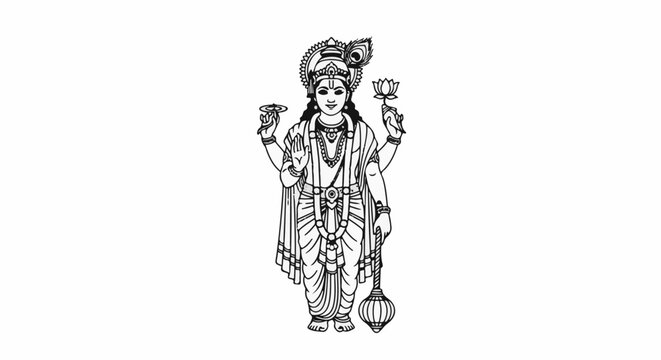 Detailed line drawing of a multi-armed deity holding sacred objects