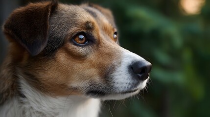 Obraz premium A striking profile view of an alert canine dog set against a softly blurred verdant outdoor backdrop
