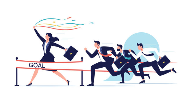 High-performing businesswoman crosses the finish line ahead of her male competitors to win a competitive business race for corporate success.