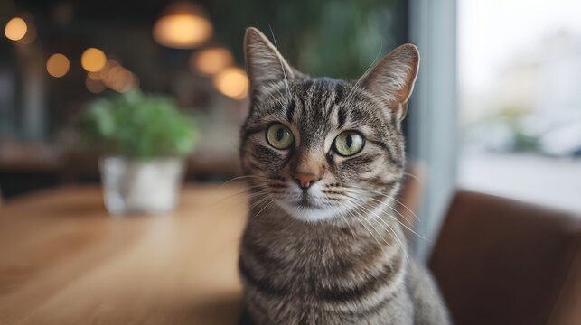A curious tabby cat rests on a wooden surface in a warmly lit indoor space gazing toward the viewer