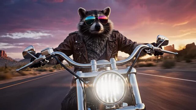 Biker Raccoon Cruises Through Desert At Dusk. Adventurous Raccoon On Motorcycle Passes Cacti In Sunset Dusk. Cunning Raccoon Rides Motorcycle Across Desert Highway At Sunset With Blazing Headlight.