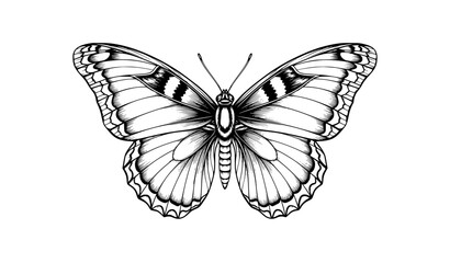 Fototapeta premium Detailed Butterfly with Symmetrical Wings Black and White Line Art Vector Illustration