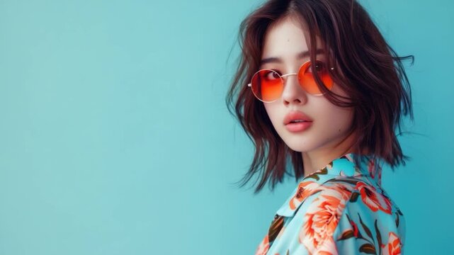 A woman posing with sunglasses and a bright floral shirt, suitable for a summer day or casual outing