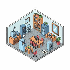 Naklejka premium Isometric office room with computers and furniture.
