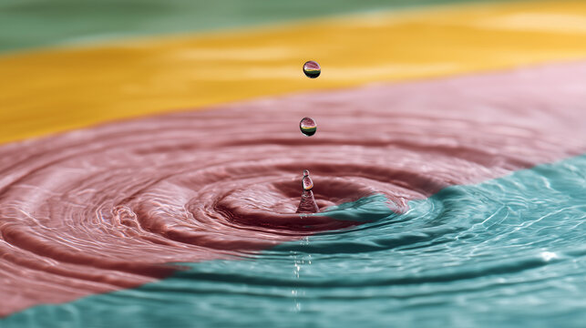 A single droplet falls into a colorful liquid surface creating a precise ripple crown. Minimal abstract macro shot with geometric symmetry and pastel gradients.