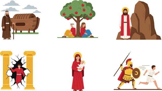 Collection of famous Christian Bible stories including Noah and the ark Adam and Eve Jesus at the tomb Virgin Mary and baby Jesus Samson and David and Goliath flat vector illustration set.