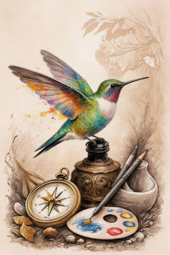 Ilustraci&oacute;n vintage de colibr&iacute; colorido sobre tintero con br&uacute;jula y paleta de arte
