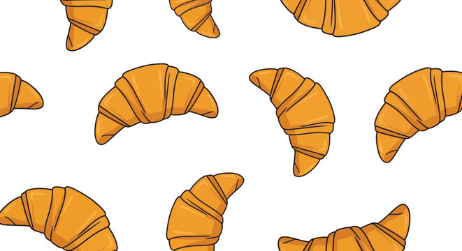 Seamless pattern of delicious golden brown cartoon croissants for bakery design