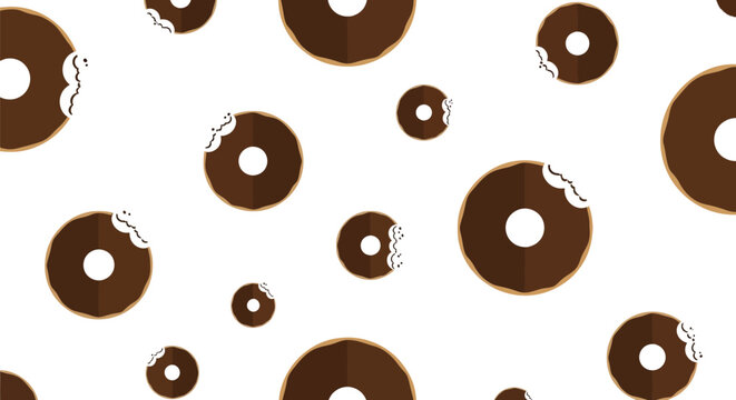 Seamless pattern of delicious chocolate glazed donuts with bite marks in various sizes.