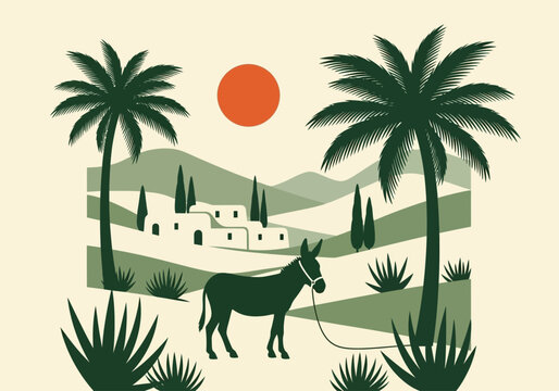 Minimalist Mediterranean Landscape Vector with Donkey, Palm Trees and Sun in Boho Style