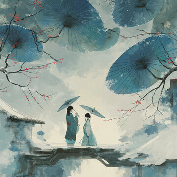 a traditional Chinese-style digital illustration featuring oil-paper umbrellas. It employs a centered composition, with the focal point being a man and a woman dressed in blue and light green Hanfu